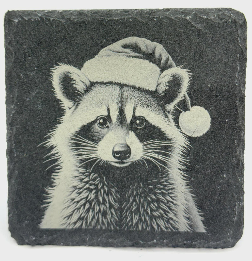 Christmas Raccoon Slate Coaster – Festive Santa Hat Woodland Art