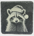 Christmas Raccoon Slate Coaster – Festive Santa Hat Woodland Art