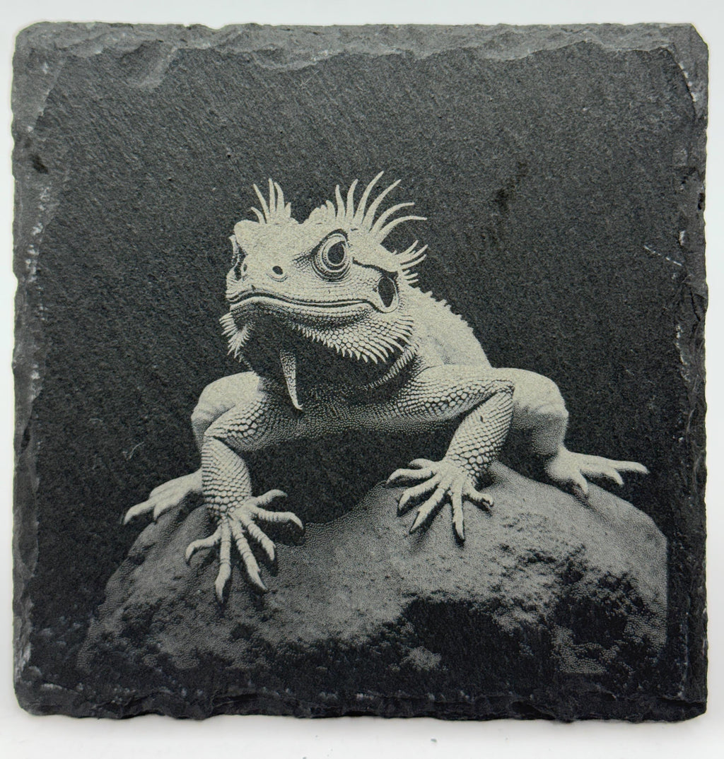 Watchful Bearded Dragon Slate Coaster – Calm Reptile Engraved Art
