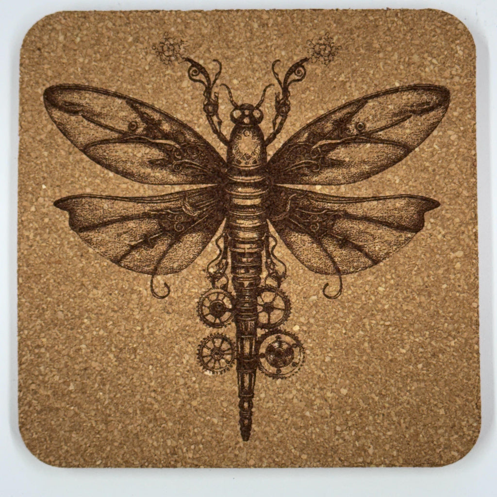 Elegant Steampunk Dragonfly – Fantasy Cork Coaster