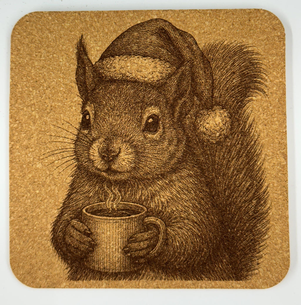 Cozy Squirrel with Coffee – Winter Cork Coaster