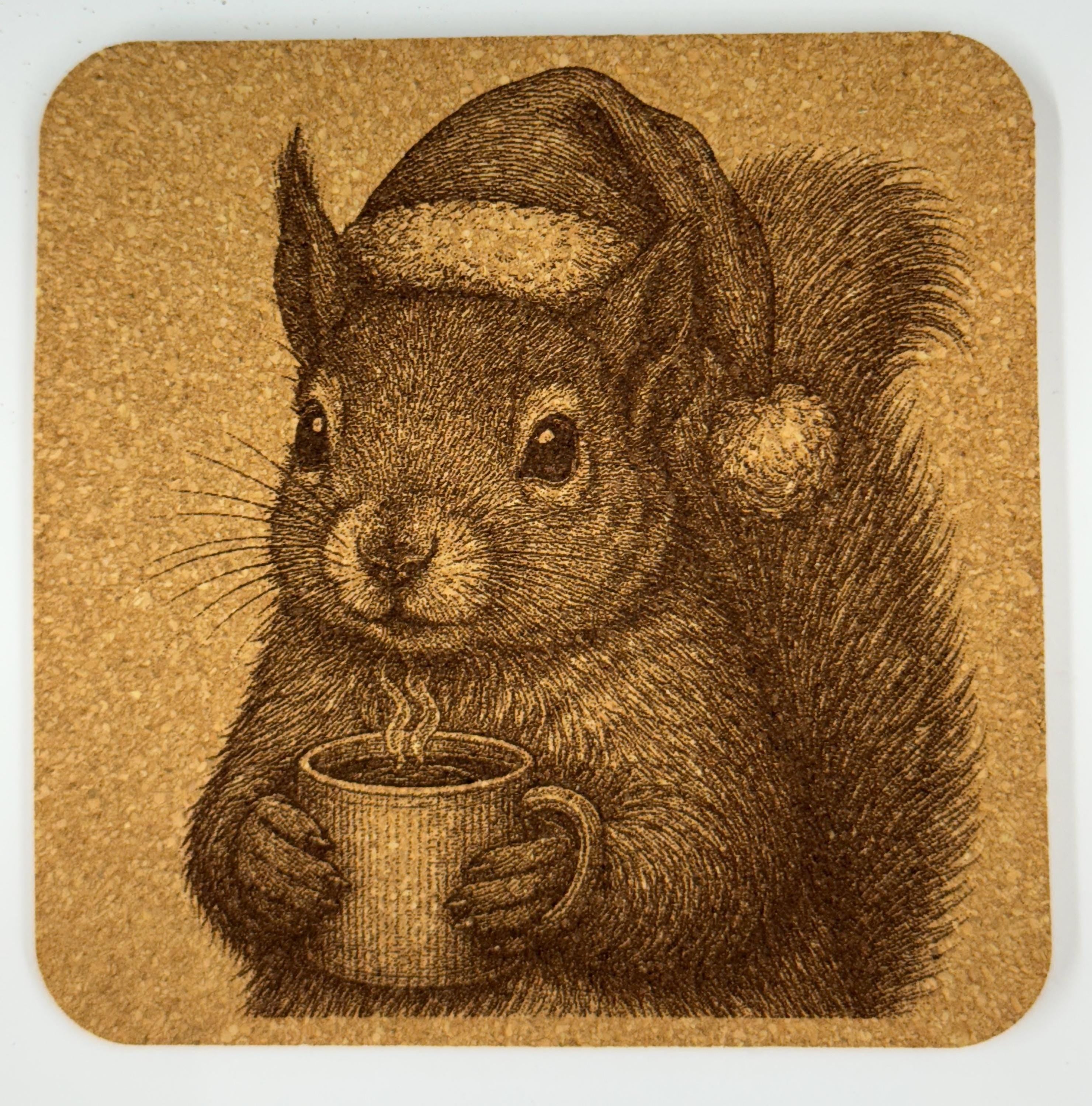 Cozy Squirrel with Coffee – Winter Cork Coaster