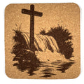 Waterfall Reflection Cross Laser Engraved Cork Coaster