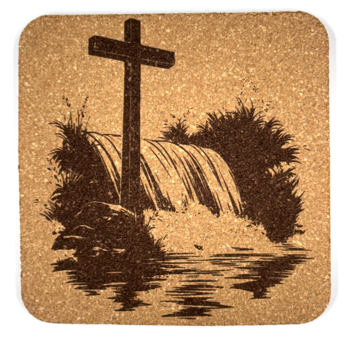 Waterfall Reflection Cross Laser Engraved Cork Coaster