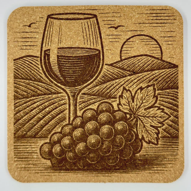 Wine Country Vineyard Scene with Wine Glass – Square Laser Engraved Cork Coaster