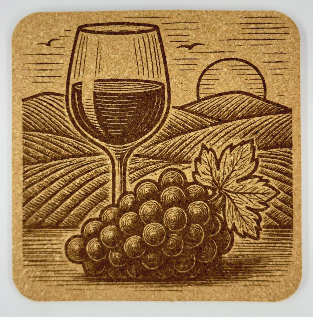 Wine Country Vineyard Scene with Wine Glass – Square Laser Engraved Cork Coaster