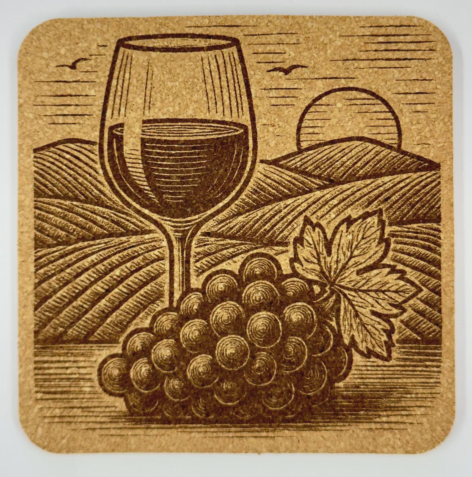 Wine Country Vineyard Scene with Wine Glass – Square Laser Engraved Cork Coaster