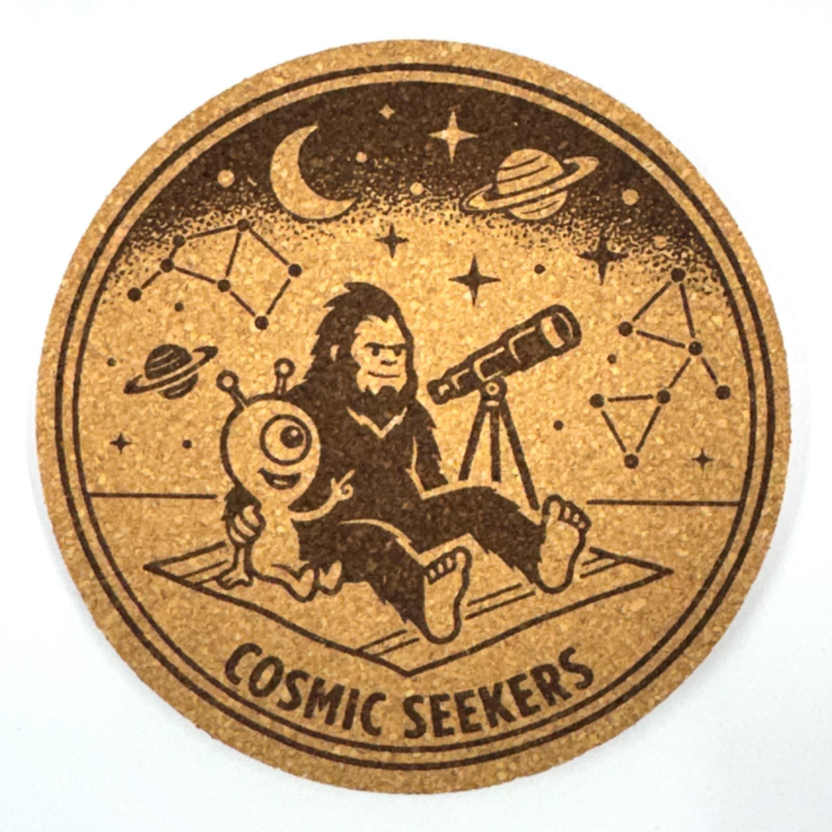 Cosmic Bigfoot Coaster, Sasquatch Stargazing Engraved Cork Coaster