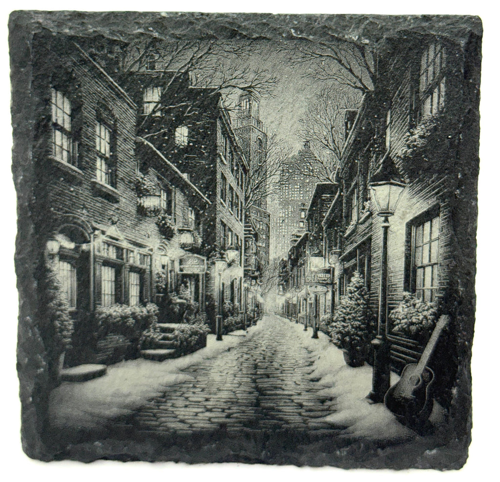 Snowy Old Town Street – Laser Engraved Slate Coaster