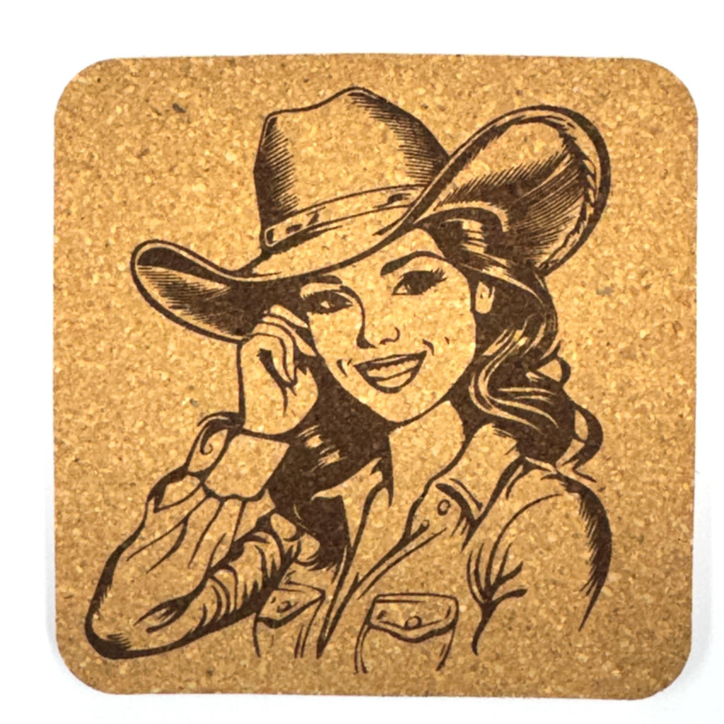 Smiling Cowgirl Cork Coaster – Western Rustic Country Charm Decor