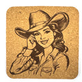 Smiling Cowgirl Cork Coaster – Western Rustic Country Charm Decor