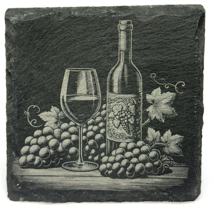 Bottle, Glass & Grapes Slate Coaster – Classic Winery Scene