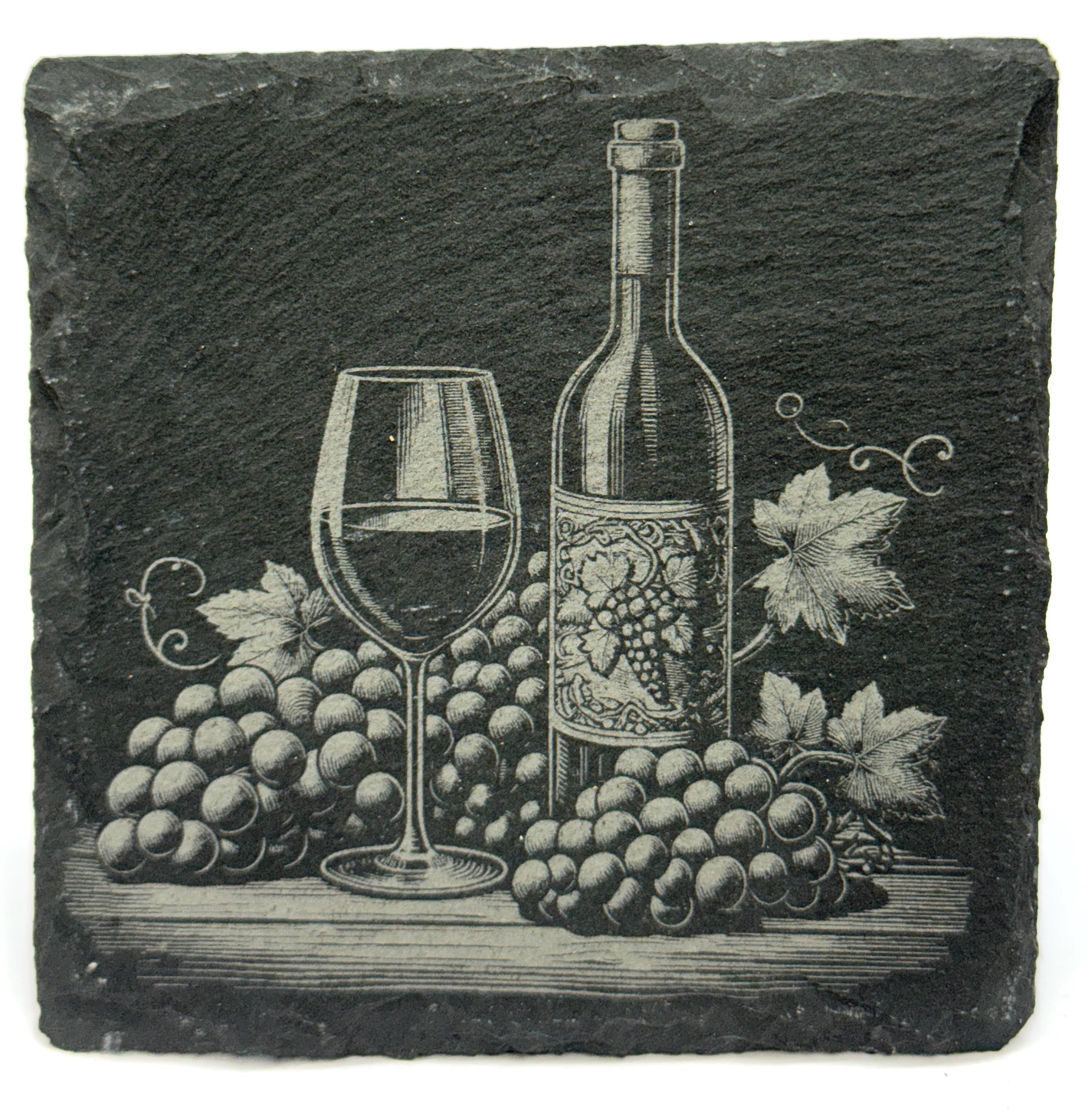 Bottle, Glass & Grapes Slate Coaster – Classic Winery Scene