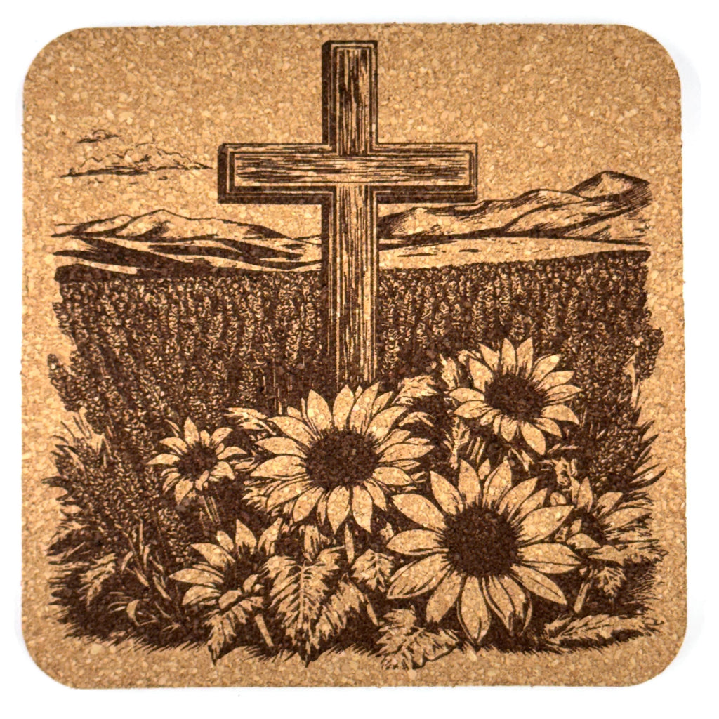 Daisy Field Cross Laser Engraved Cork Coaster