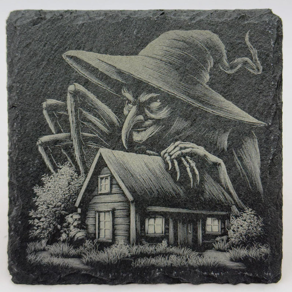 Witch Looming Over a Haunted Cottage – Laser Engraved Slate Coaster