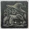 Witch Looming Over a Haunted Cottage – Laser Engraved Slate Coaster