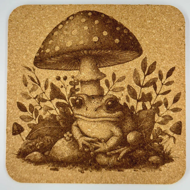 Frog and Toadstool Cork Coaster – Storybook Nature Design