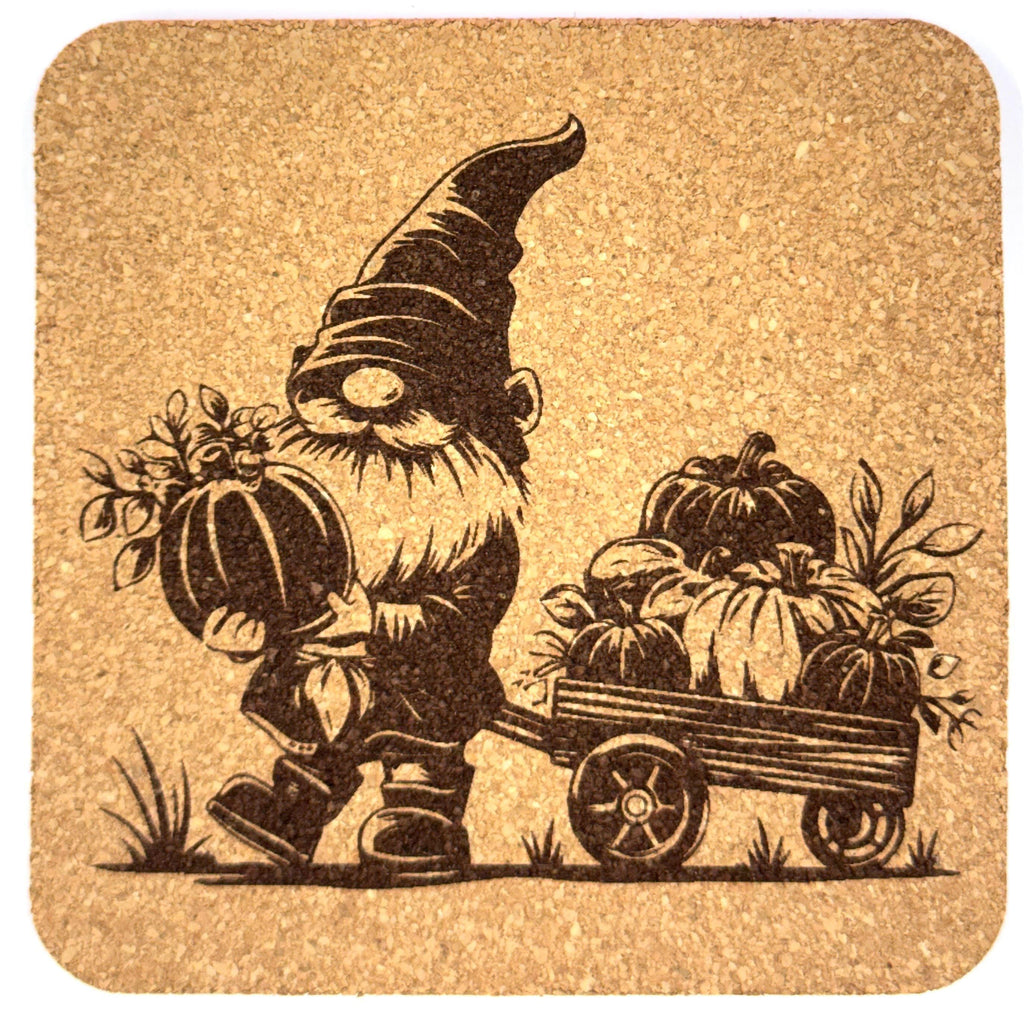 Harvest Gnome with Pumpkin Cart – Cozy Garden Cork Coaster