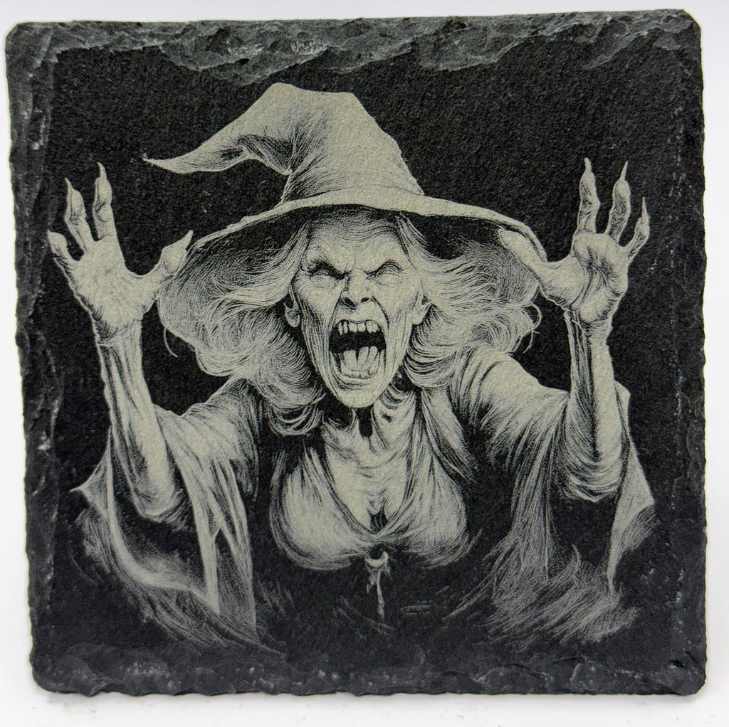 Raging Spellcaster Witch – Laser Engraved Slate Coaster