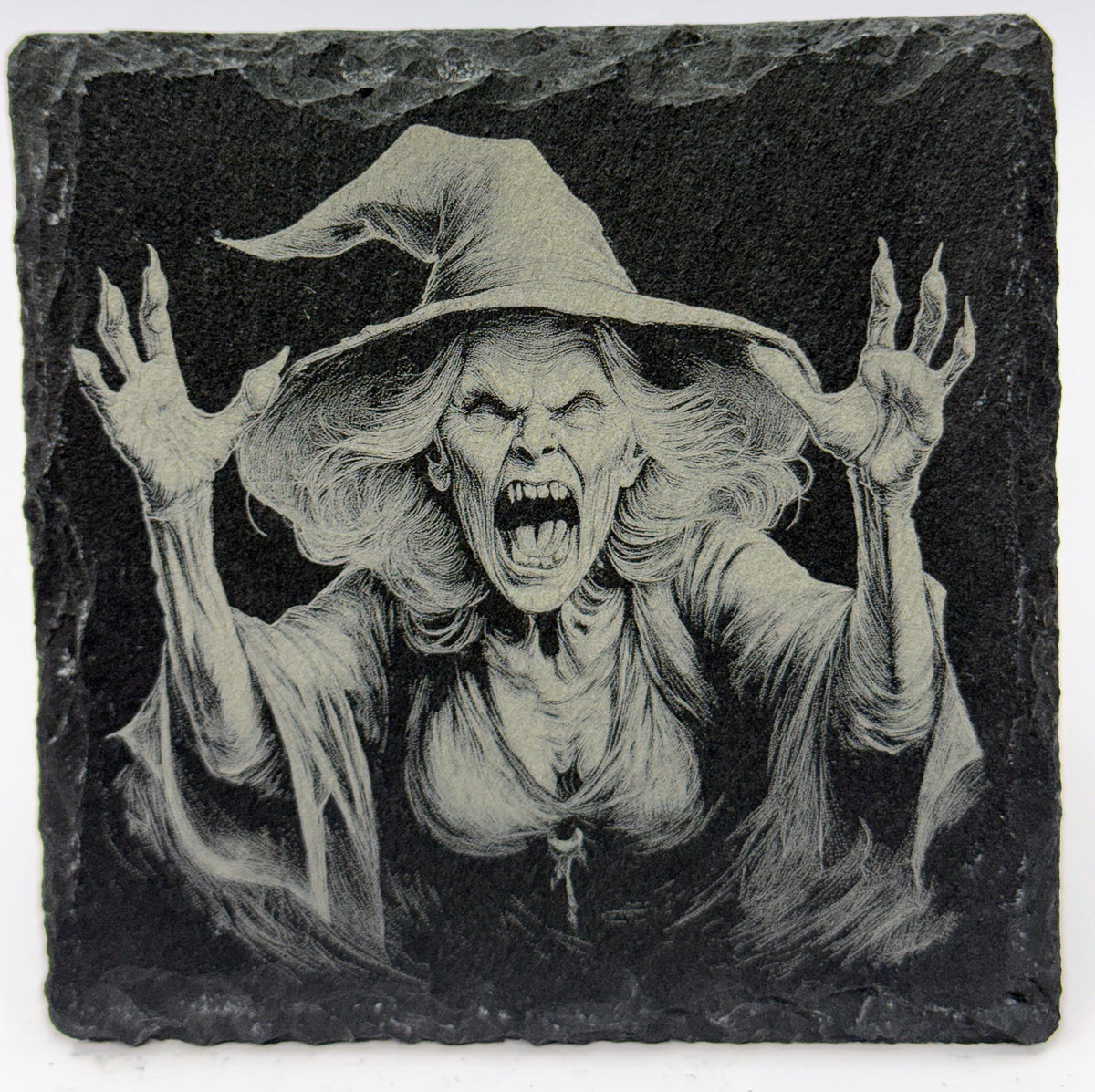 Raging Spellcaster Witch – Laser Engraved Slate Coaster