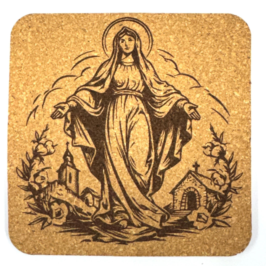 Blessed Virgin Mary Coaster with Church Scene, Catholic Engraved Cork Coaster