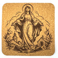 Blessed Virgin Mary Coaster with Church Scene, Catholic Engraved Cork Coaster