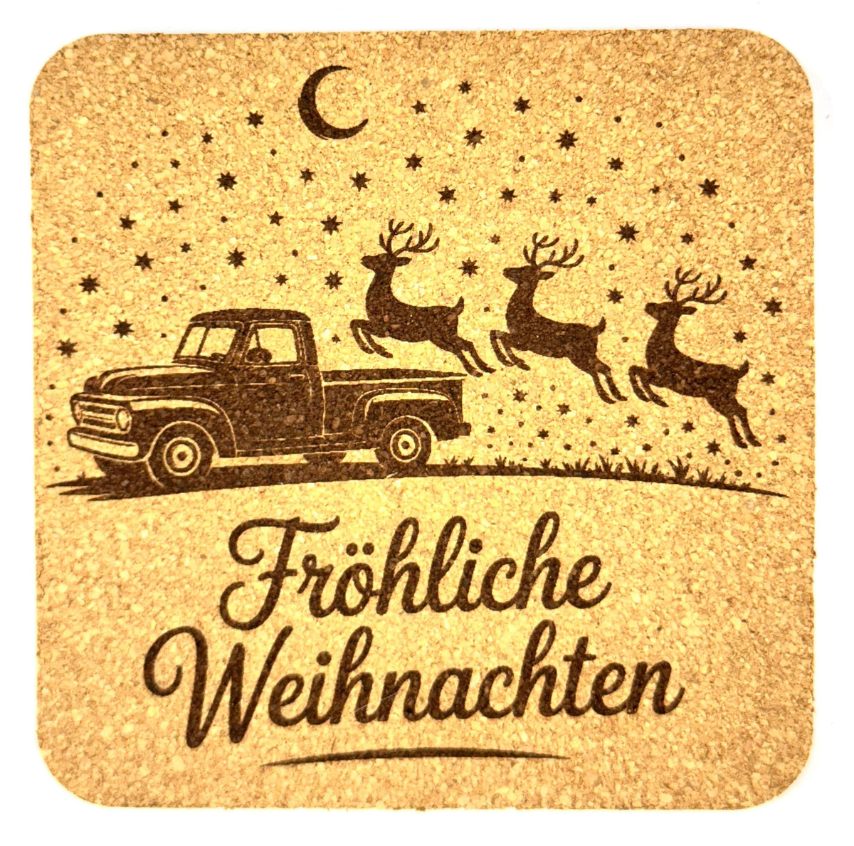 Fröhliche Weihnachten Cork Coaster – German Christmas Night Scene
