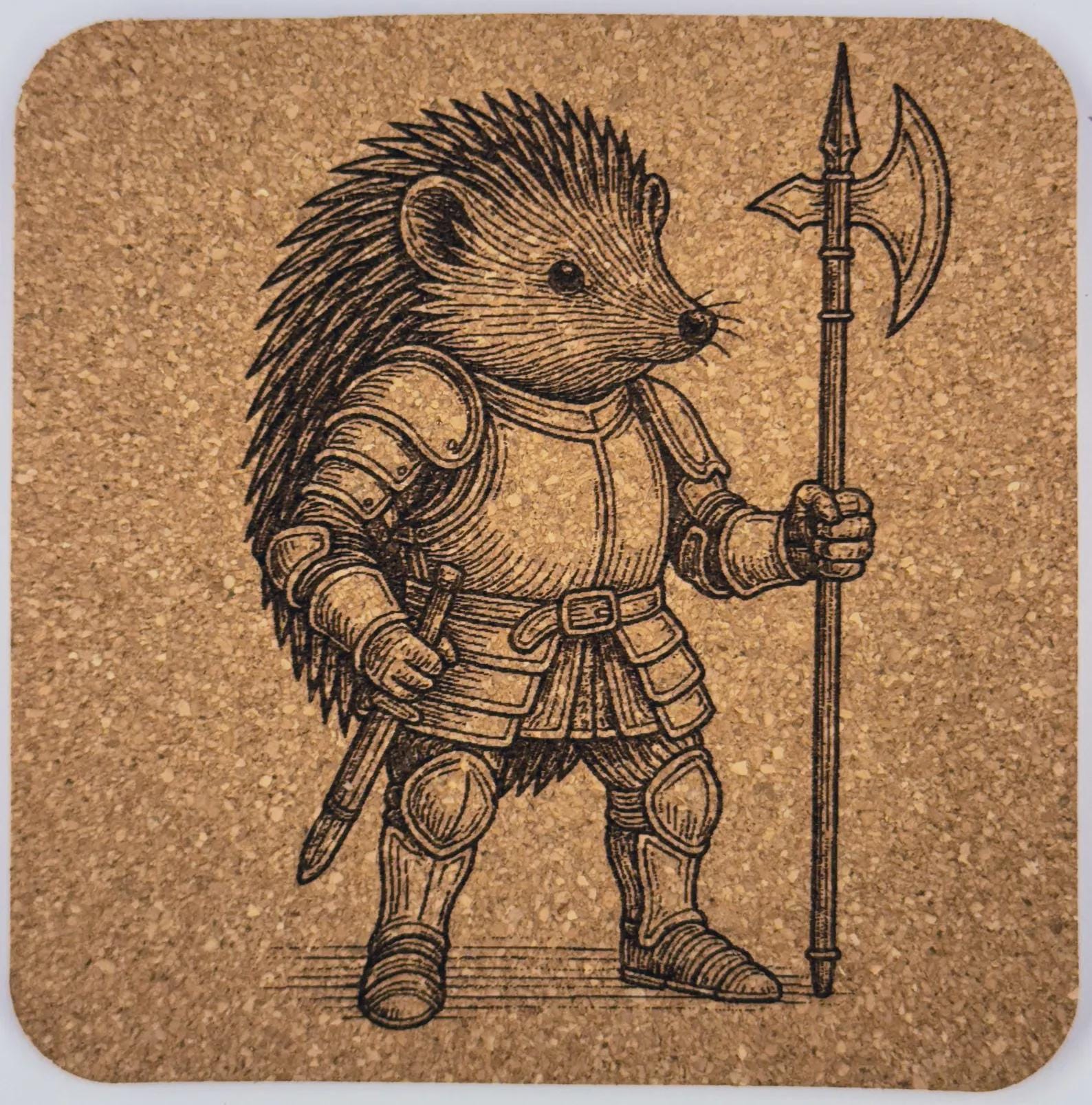 Hedgehog Warrior with Battle Axe – Armored Fantasy Cork Coaster