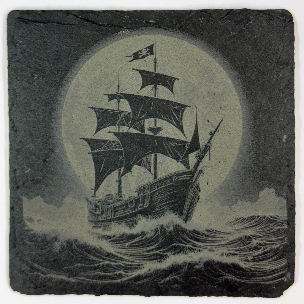 Moonlit Pirate Ship at Sea – Laser Engraved Slate Coaster