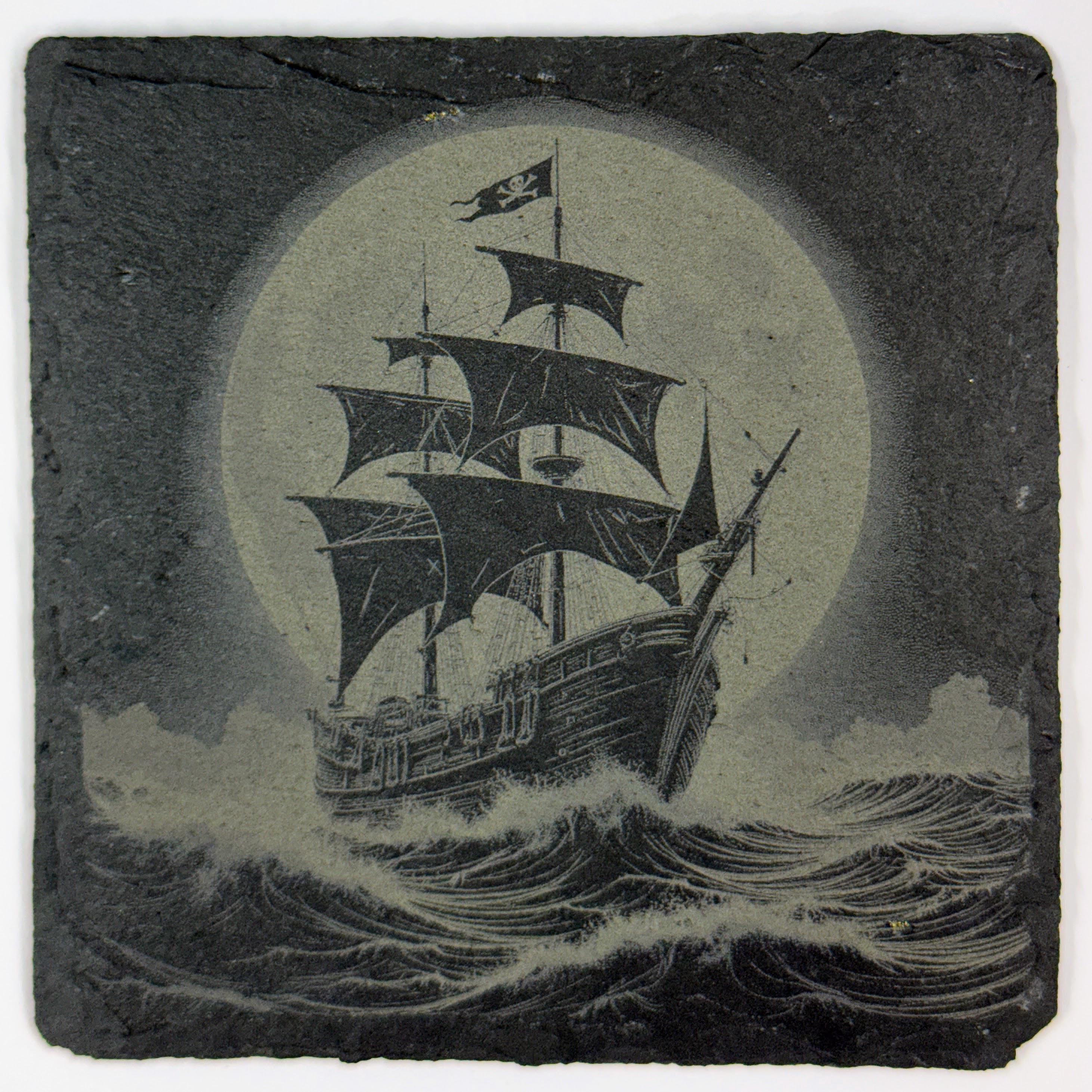 Moonlit Pirate Ship at Sea – Laser Engraved Slate Coaster