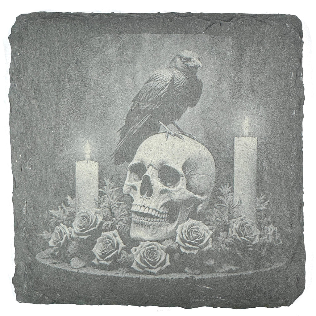 Raven on Skull Slate Coaster – Gothic Candle Memento Mori Art