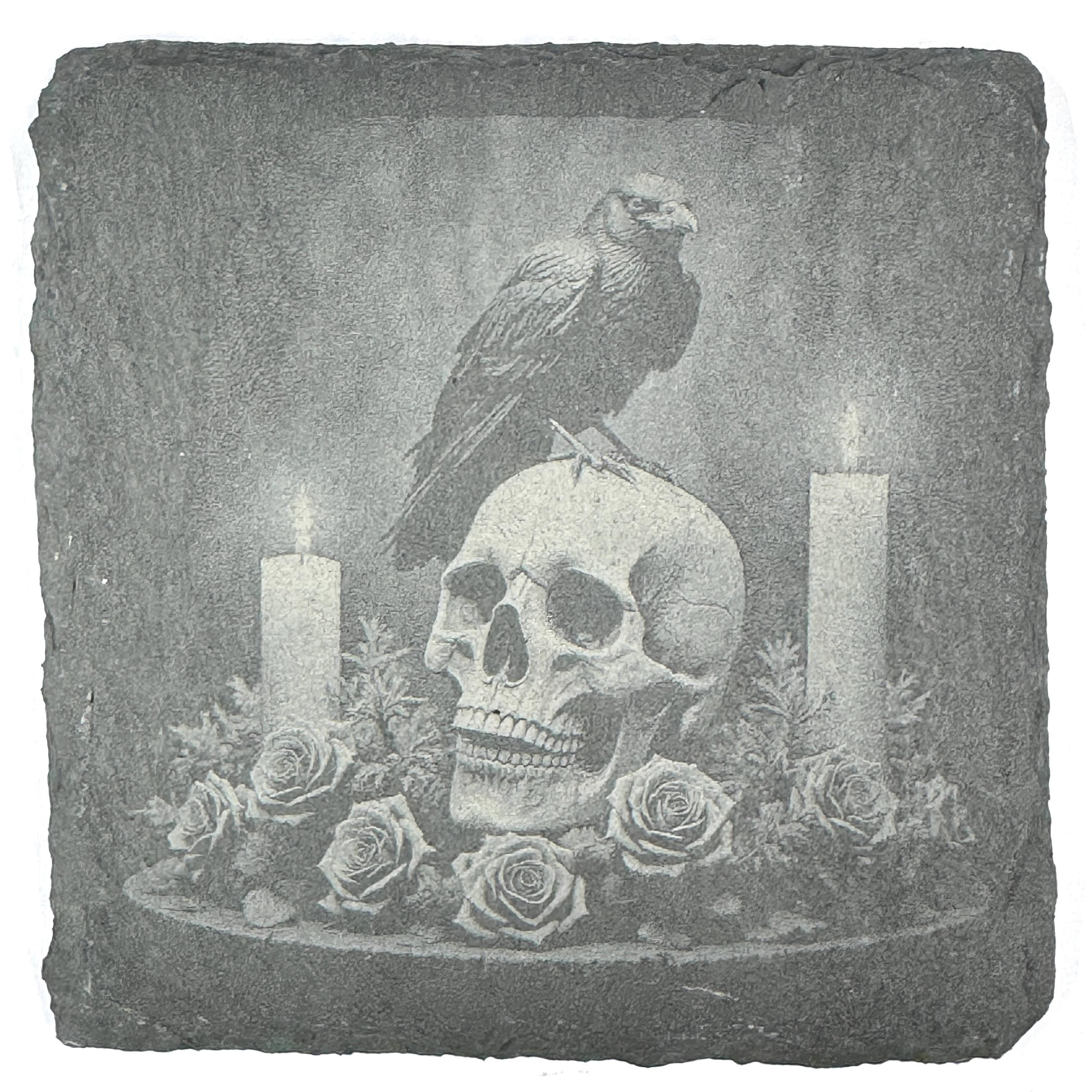 Raven on Skull Slate Coaster – Gothic Candle Memento Mori Art