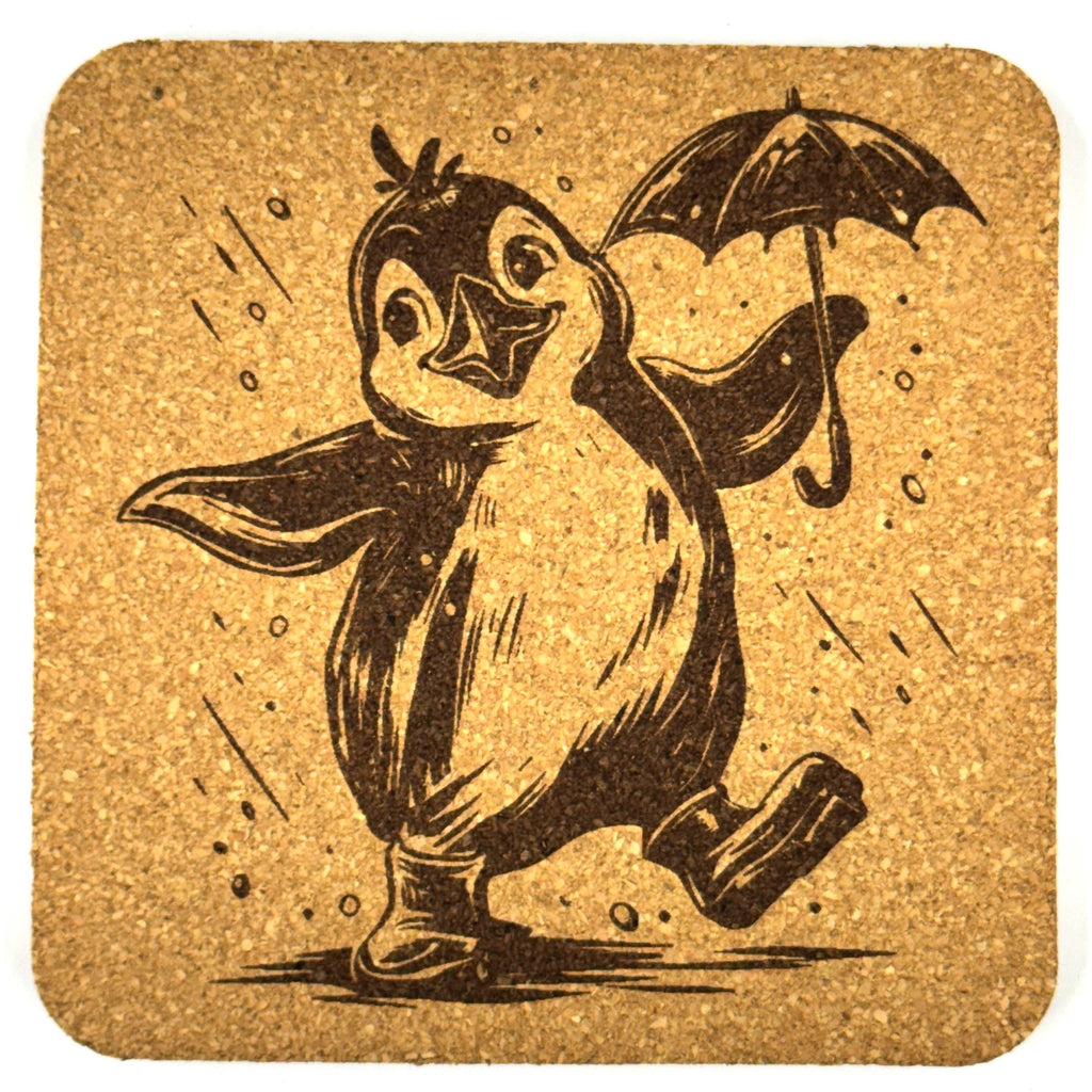Rainy Day Penguin Cork Coaster – Cute Umbrella Animal Bar Decor
