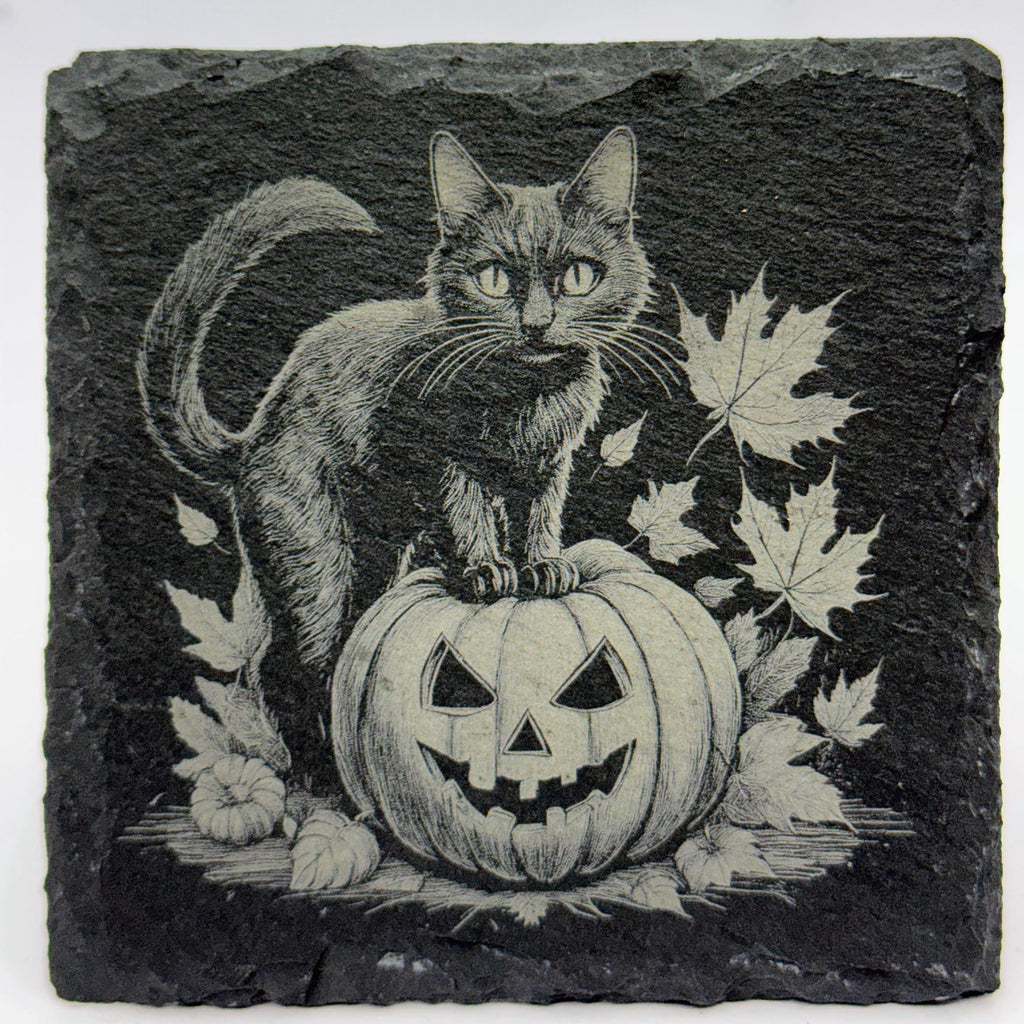 Black Cat on Jack-O-Lantern – Laser Engraved Slate Coaster