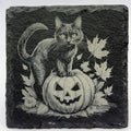 Black Cat on Jack-O-Lantern – Laser Engraved Slate Coaster