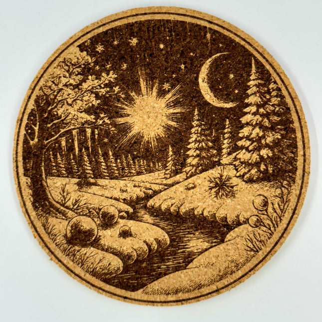Moonlit Winter Landscape Cork Coaster – Peaceful Holiday Night Scene