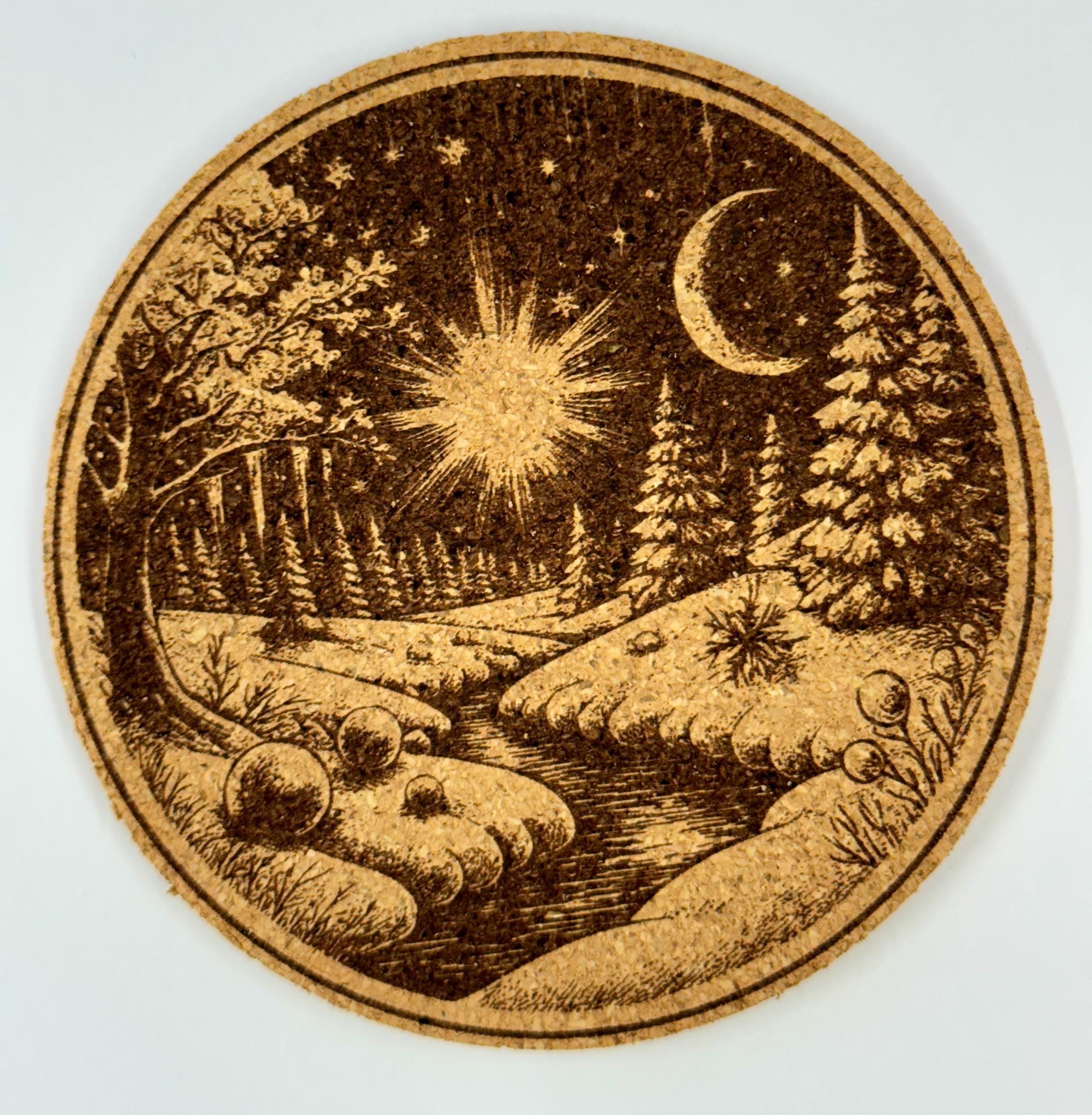 Moonlit Winter Landscape Cork Coaster – Peaceful Holiday Night Scene