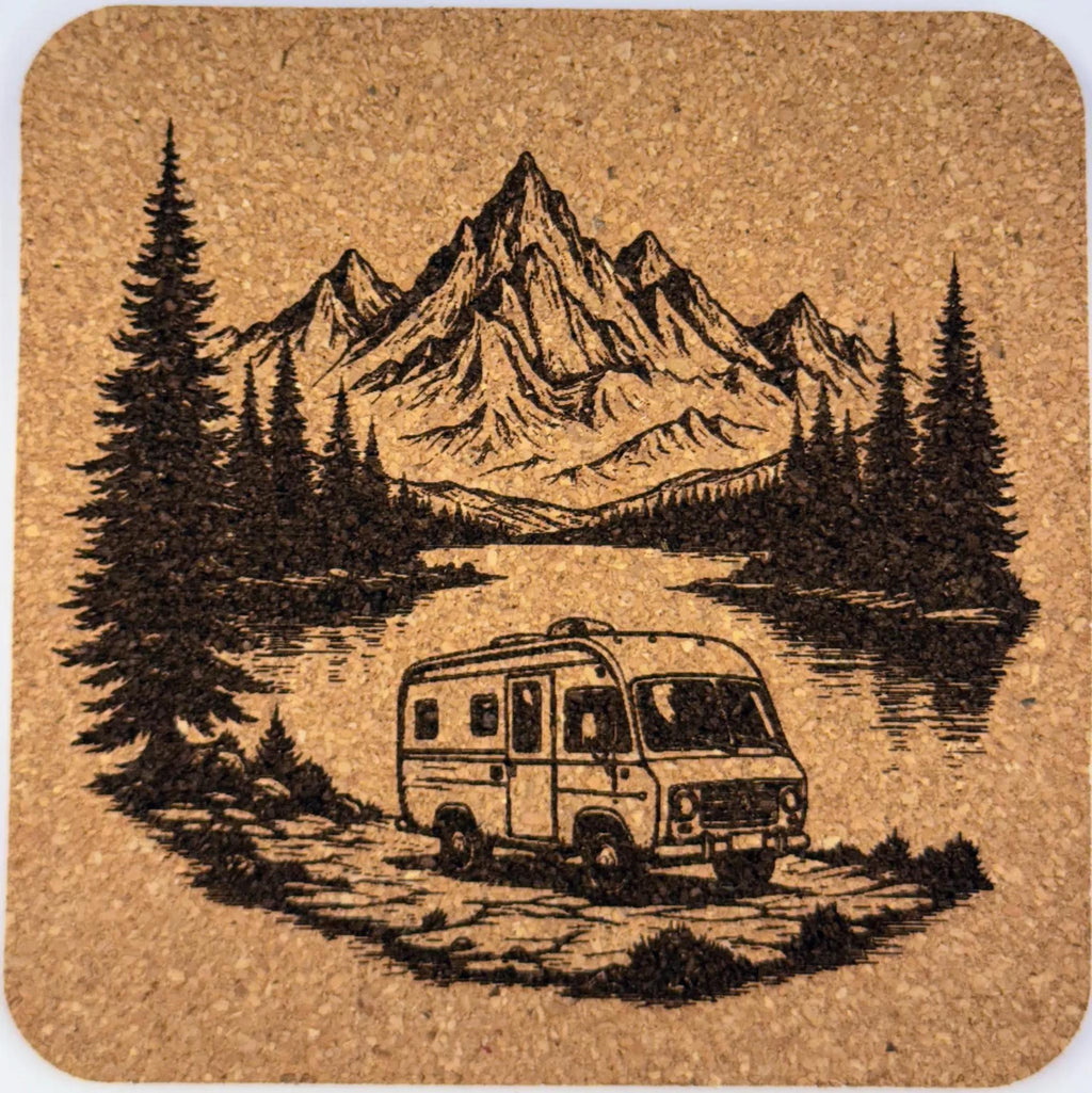 Mountain Camper Coaster – Engraved Cork Coaster with RV and Alpine Lake Scene