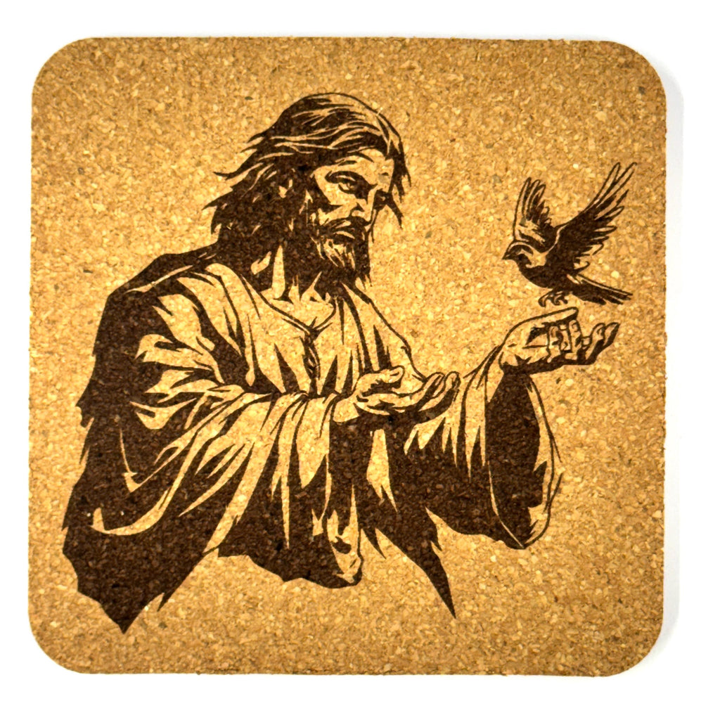 Jesus with Dove Coaster, Christian Faith Engraved Cork Coaster Holy Spirit Design
