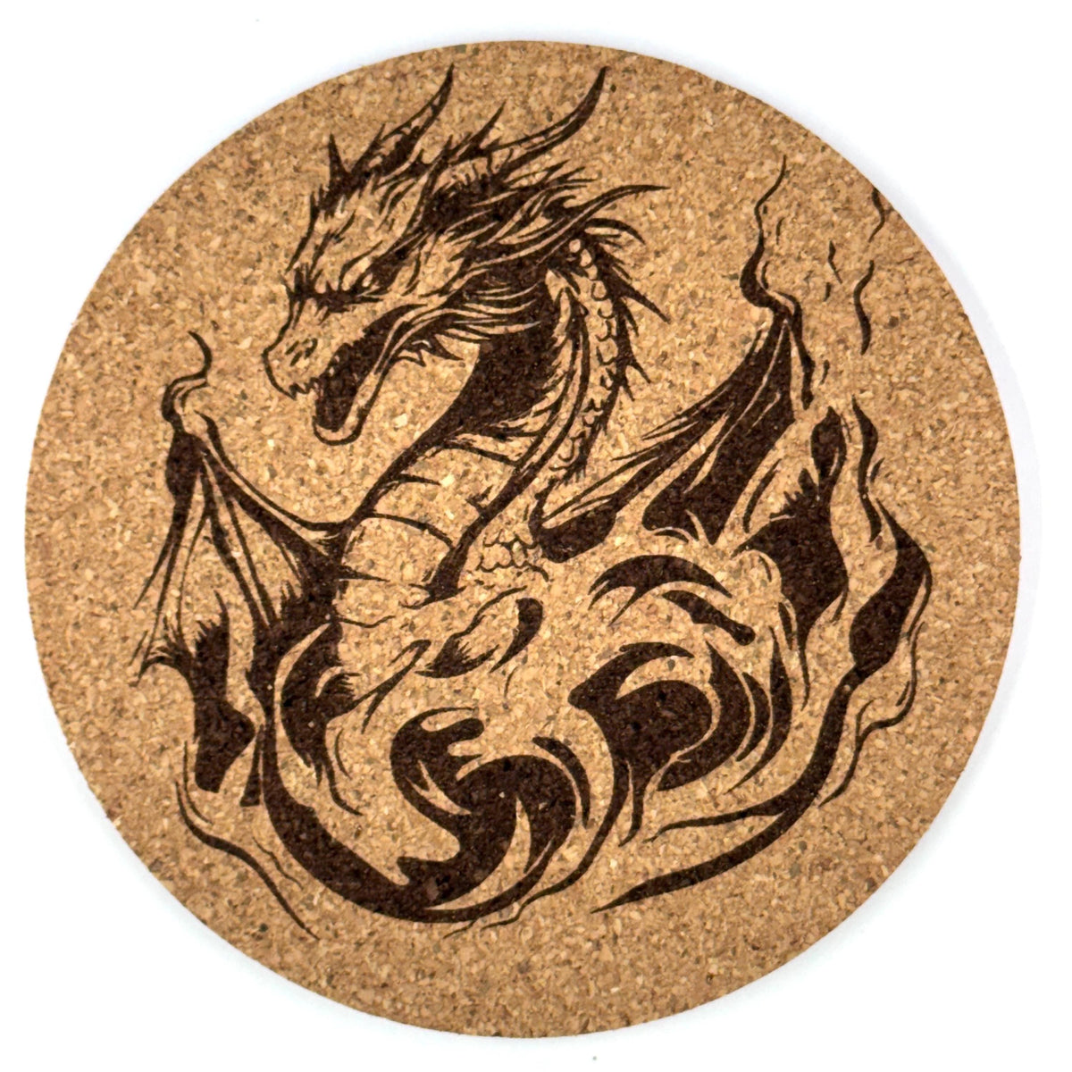 Rising Fire Dragon Round Cork Coaster – Mythical Beast Design