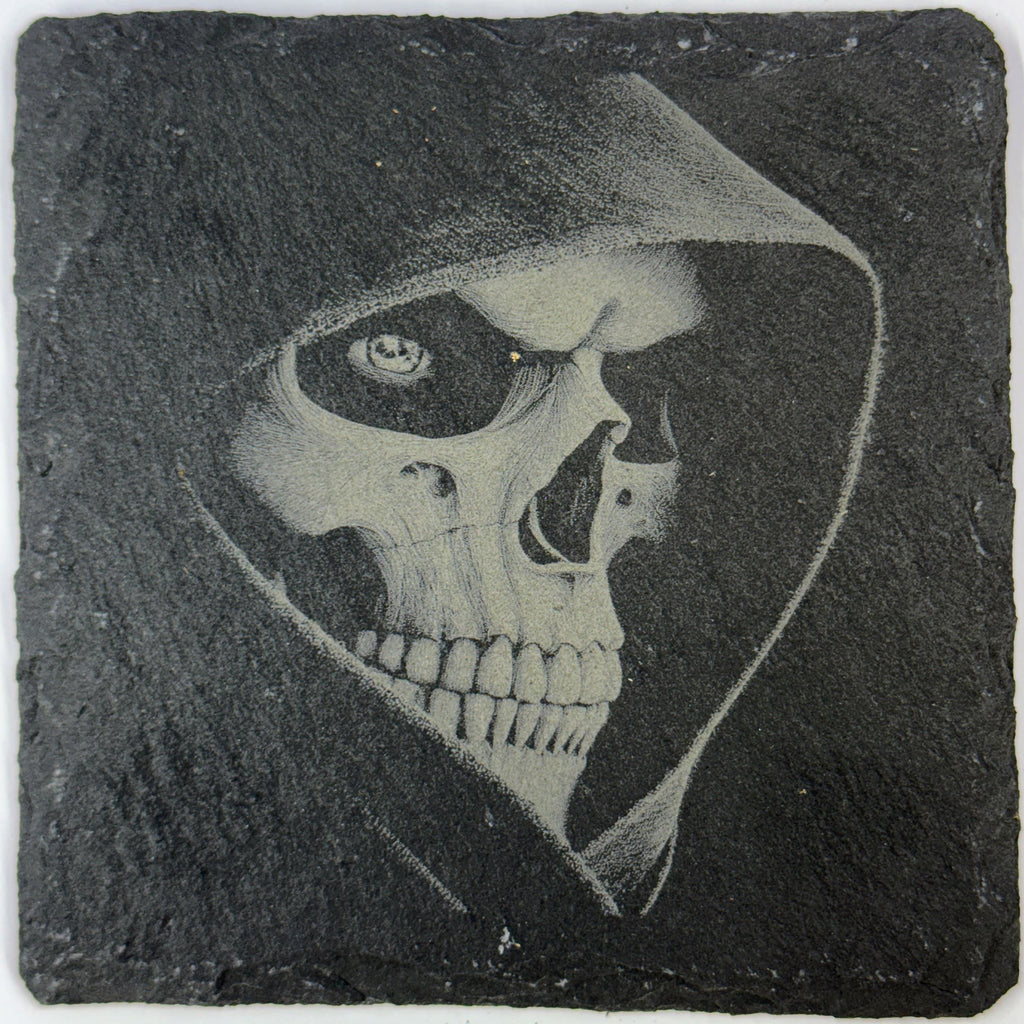Hooded Skull Side Profile Slate Coaster – Gothic Horror Art