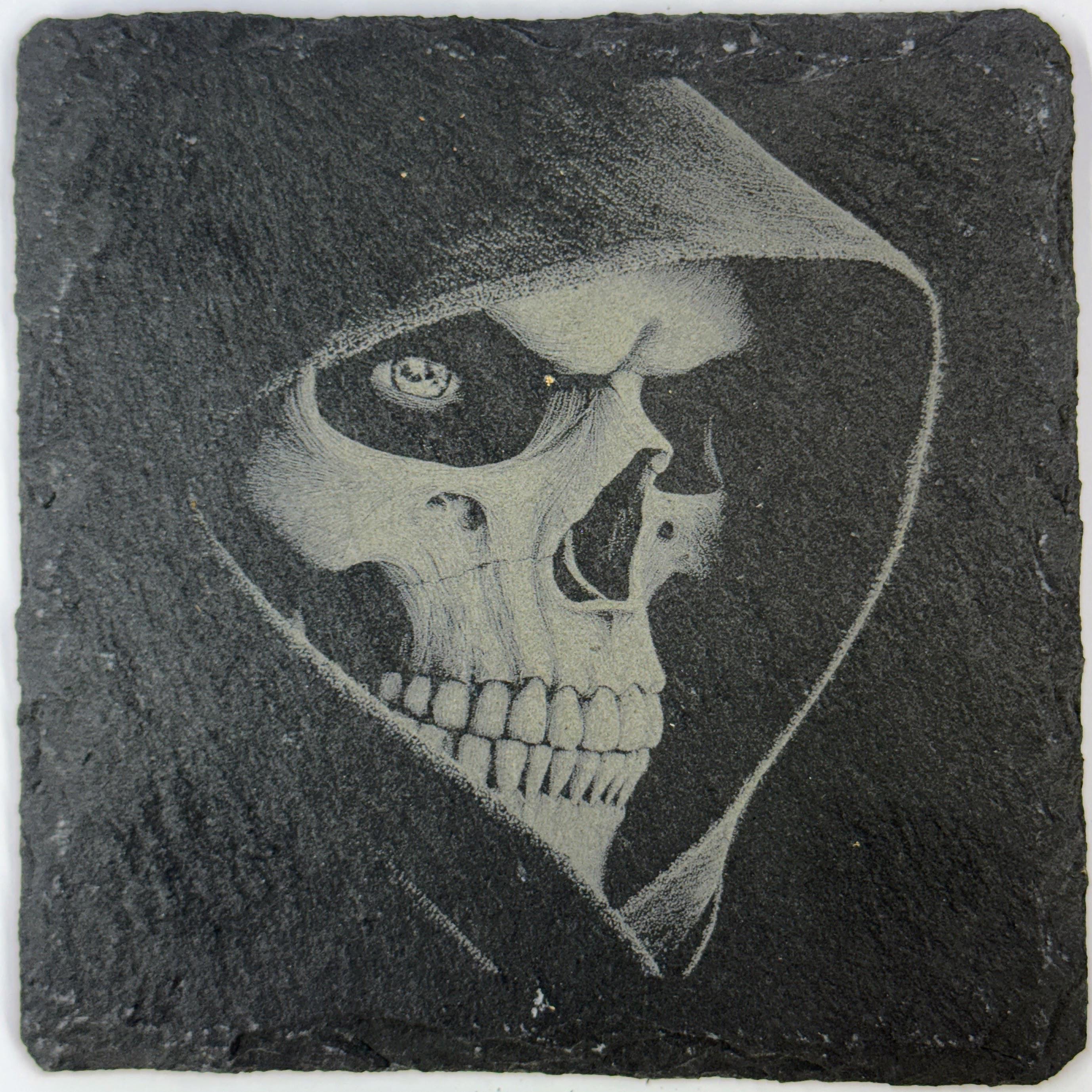Hooded Skull Side Profile Slate Coaster – Gothic Horror Art