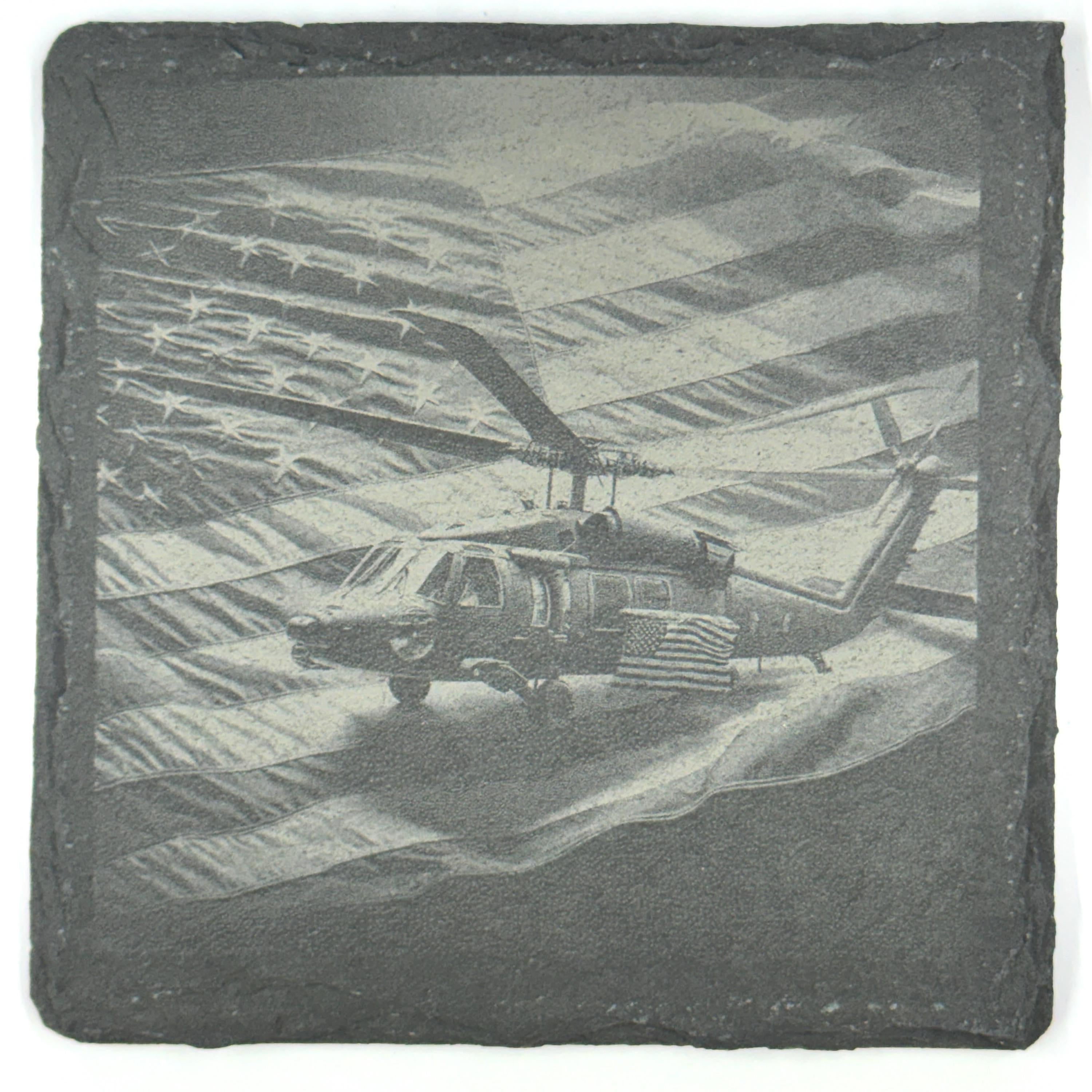 Patriotic Helicopter Slate Coaster – American Flag Military Aviation Engraved Drink Coaster