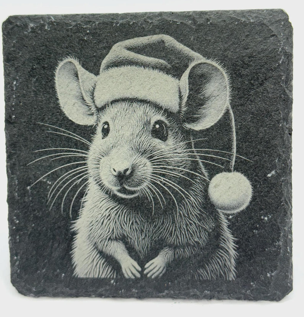 Christmas Mouse Slate Coaster – Festive Santa Hat Animal Art