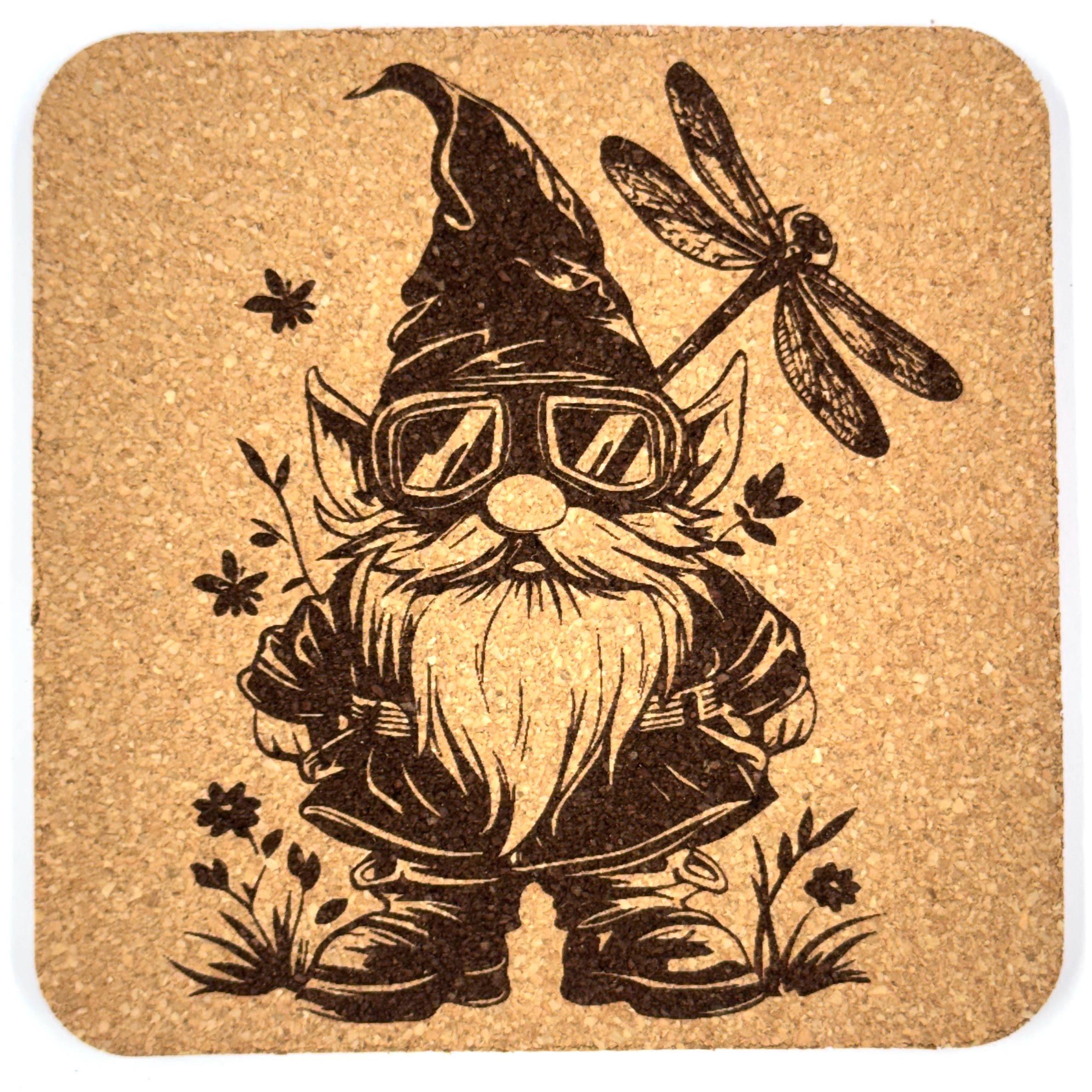 Curious Garden Gnome with Dragonfly Goggles – Whimsical Cork Coaster