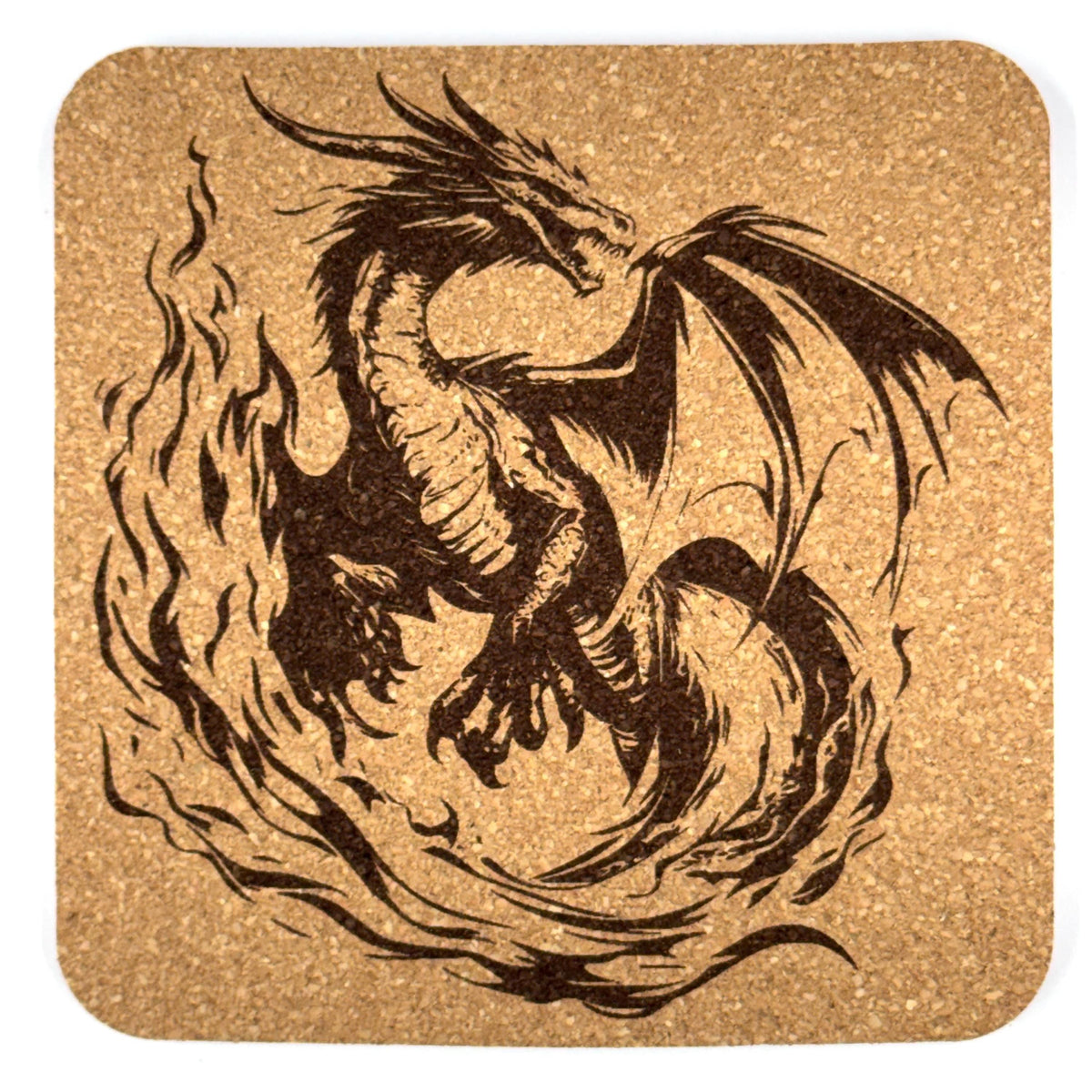 Flame-Wrapped Dragon Square Cork Coaster – Fire Dragon Art