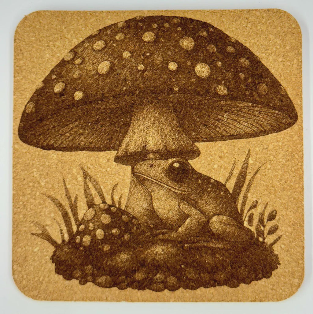 Cute Frog Under Mushroom Cork Coaster – Fairy Tale Nature Art