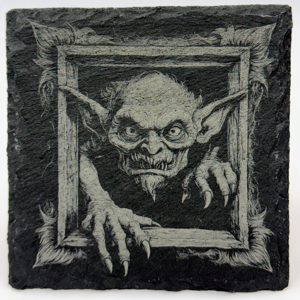 Creepy Framed Gremlin Slate Coaster – Gothic Monster Art