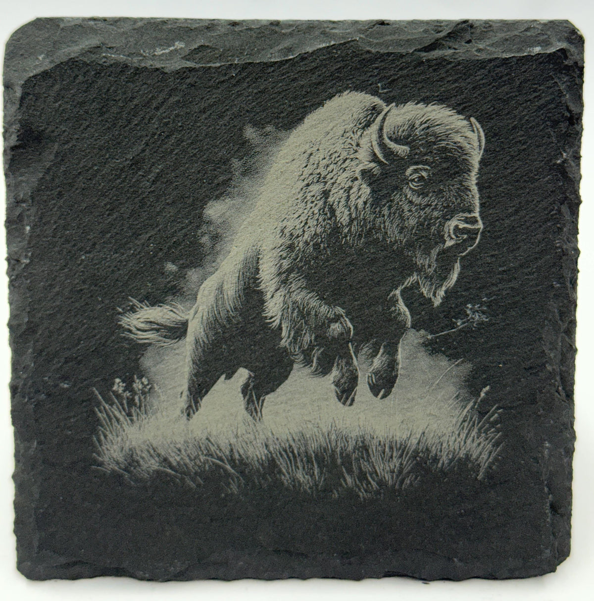 Wild Bison in Motion Slate Coaster – Rustic Western Decor