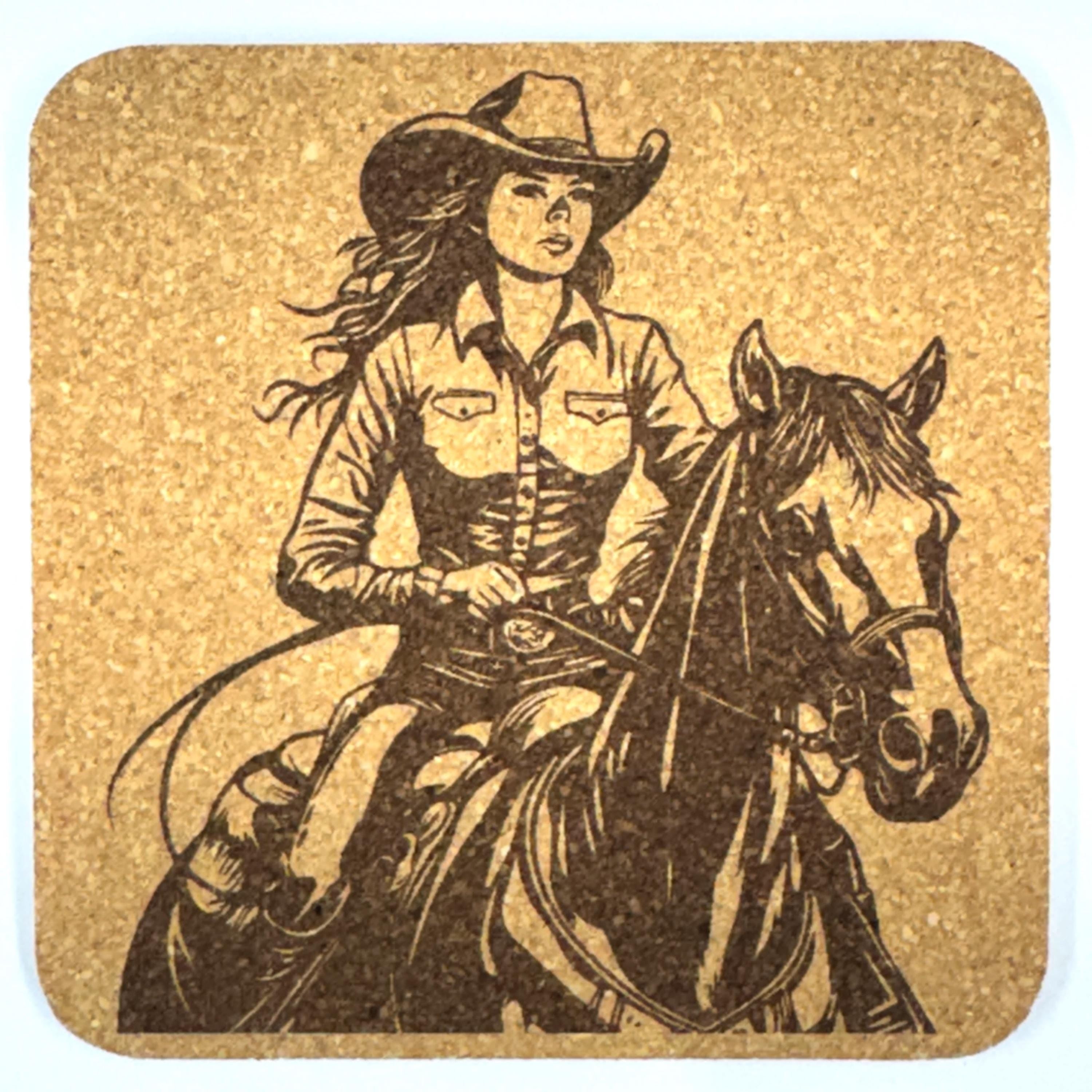 Cowgirl Riding Cork Coaster – Western Horse Lover Gift Rustic Country Decor